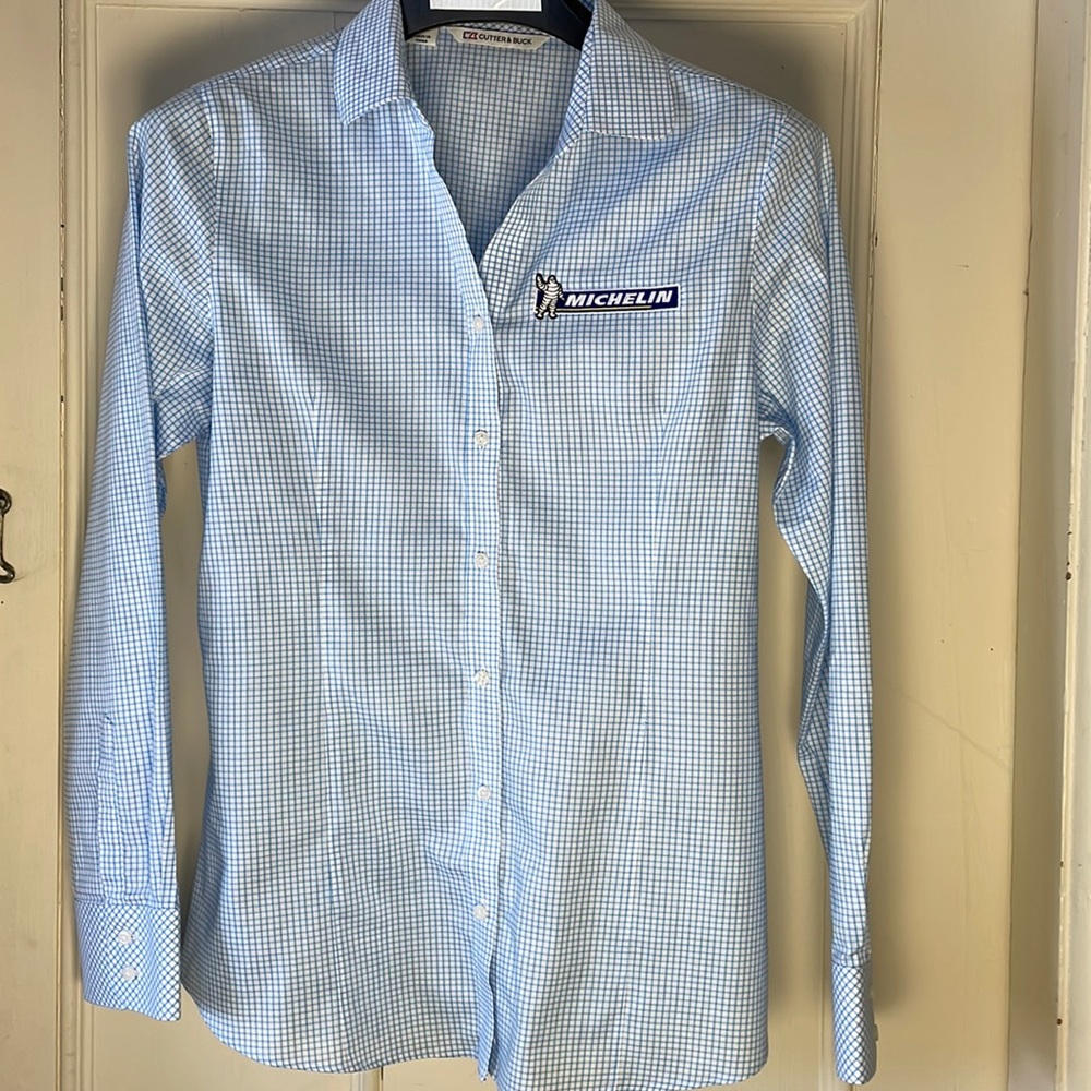 Ladies Michelin branded blouse. Blue check. Size large.